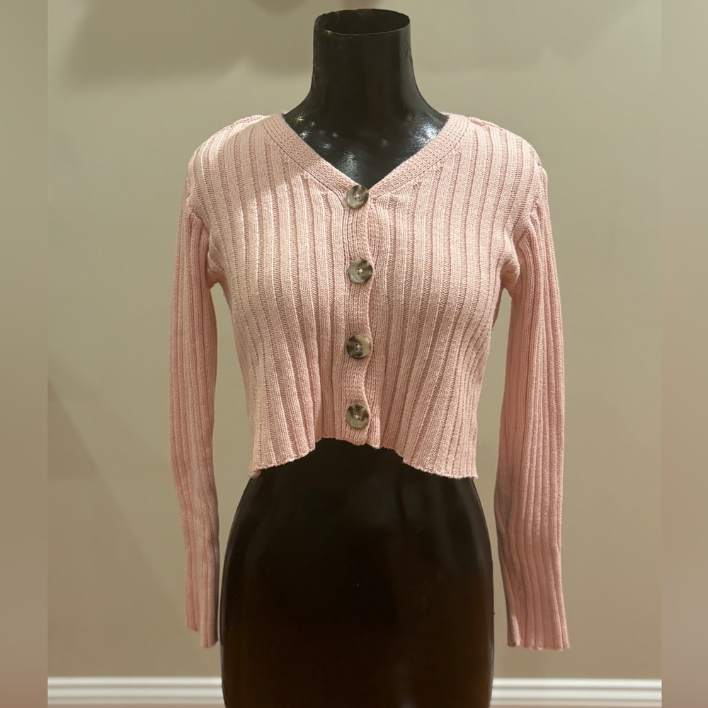 Girls Pink Button Up Sweater Crop Top